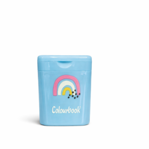 temperino 2 fori contenitore colourbook con grafica arcobaleno – celeste
